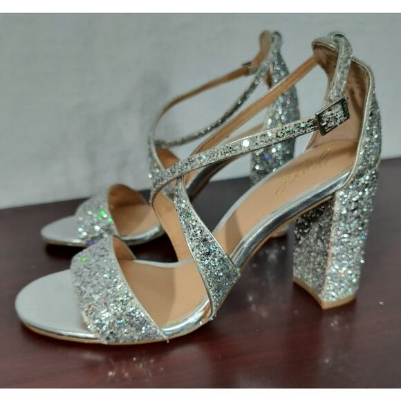 Jewel Badgley Mischka Cook Silver Glitter Sandals Women's Sz 9.5 Metallic Shoes - Picture 11 of 14